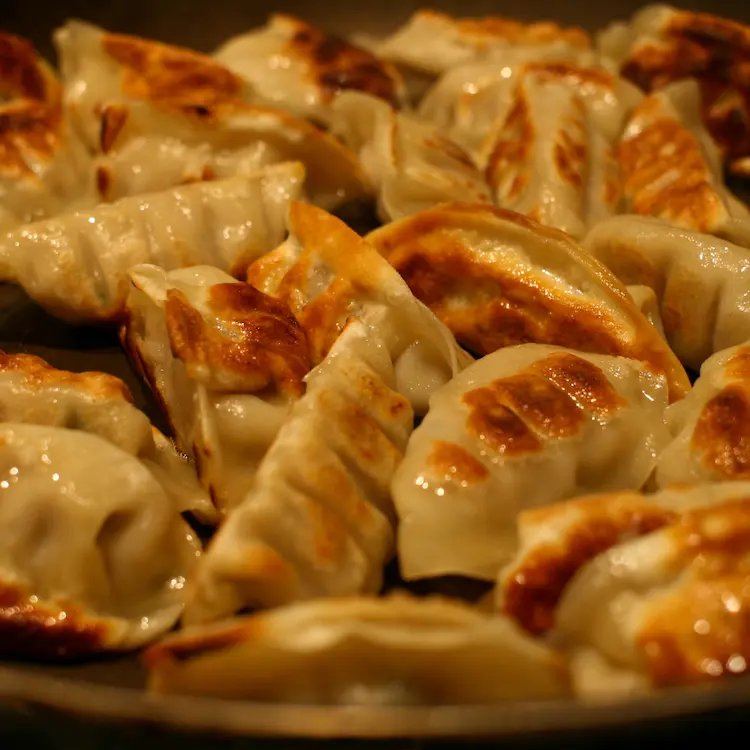 close up image of several cripsy golden brown prok gyozas